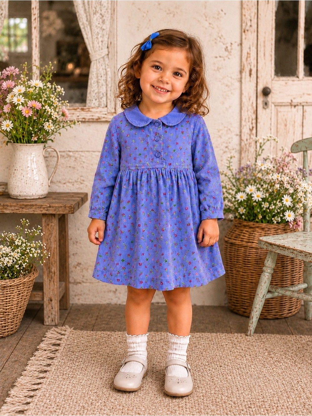 Vintage Cherokee Periwinkle Floral Peter Pan Collar Corduroy Dress 2-3 years